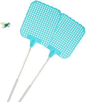 Gerimport Uitschuifbare lange vliegenmepper - 2x - blauw - van 26 naar 72 cm - metaal/kunststof