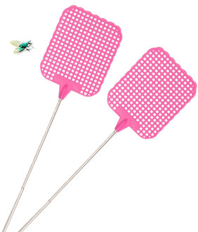 Gerimport Uitschuifbare lange vliegenmepper - 2x - roze - van 26 naar 72 cm - metaal/kunststof