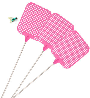 Gerimport Uitschuifbare lange vliegenmepper - 4x - roze - van 26 naar 72 cm - metaal/kunststof