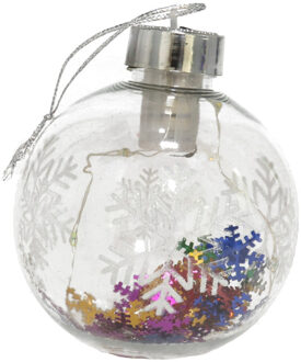 Gerimport Verlichte kerstbal -sneeuwvlok confetti -8cm -kunststof - Kerstbal Transparant