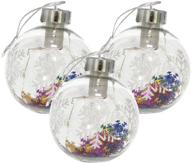Gerimport Verlichte kerstballen- 3x - met sneeuwvlok confetti - 8 cm - kunststof - 5 LED lampjes