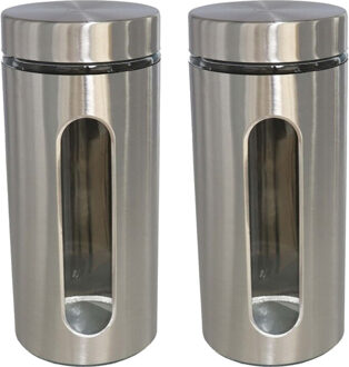 Gerimport Voedsel bewaren keuken voorraad pot - 2x - zilver metaal - deksel - 1300 ml