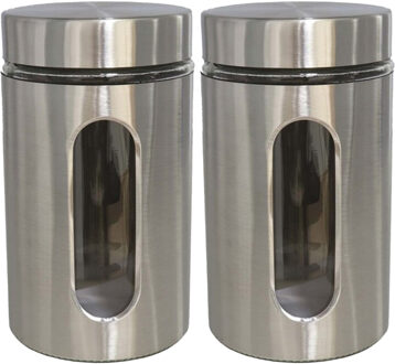 Gerimport Voorraadpot - 2x - zilverkleurig - RVS - deksel - 1000 ml