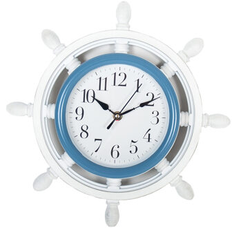 Gerimport Wandklok - stuurwiel - 33 cm - wit met blauw - nautisch - zee - maritiem