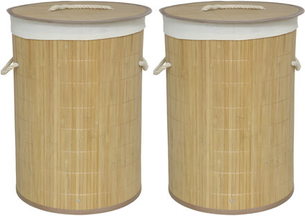 Gerimport Wasmand van bamboe - 2x - 48 liter - D35 x 50 cm - met deksel / binnenvoering