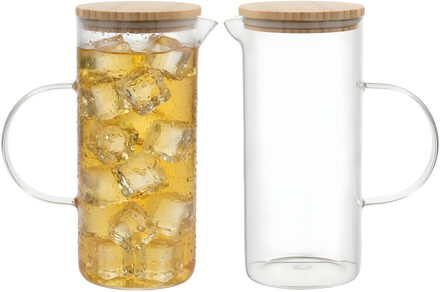 Gerimport Water / sapkan - 2x - met bamboe deksel - 1,5 ltr - boroscilaat glas - schenkkan