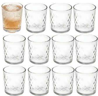 Gerimport Waterglazen / drinkglazen Diamand - 12x stuks - transparant - 265 ml