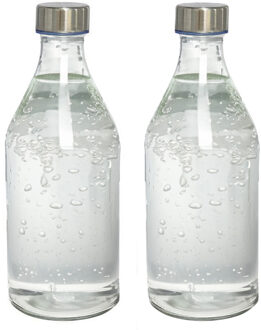 Gerimport Waterkan - 2x - met deksel - 1L - glas - RVS Dop - waterkaraf - schenkkan - rond