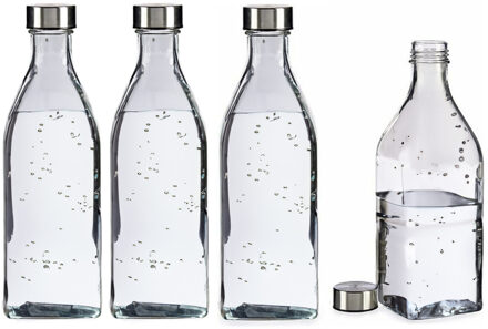 Gerimport Waterkan - 4x - met deksel - 1L - glas - RVS Dop - waterkaraf - schenkkan - vierkant