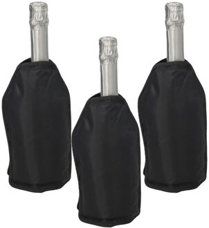 Gerimport Wijnfles koeler/koelelement hoes - 3x - zwart - 22 cm - Flessenkoeler - Wijnkoeler