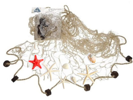 Gerkimex Deco visnet met kurken - 2x stuks - 200 x 150 cm - Naturel kleur - strand thema decoratie net