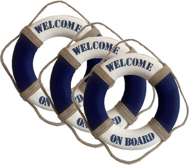 Gerkimex Reddingsboei - 3x - Welcome on board - 14 cm - blauw/wit - kunststof - maritiem thema decor