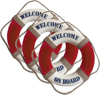 Gerkimex Reddingsboei - 3x - Welcome on board - 14 cm - rood/wit - kunststof - maritiem thema decora