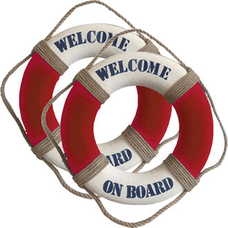 Gerkimex Reddingsboei - 4x - Welcome on board - 25 cm - rood/wit - kunststof - maritiem thema decora