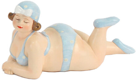 Gerkimex Woonkamer decoratie beeldje - liggend - dikke dame - blauw badpak - 14 cm