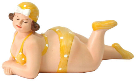 Gerkimex Woonkamer decoratie beeldje - liggend - dikke dame - geel badpak - 14 cm