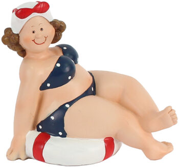 Gerkimex Woonkamer decoratie beeldje - zittend - dikke dame - blauw badpak - 12 cm