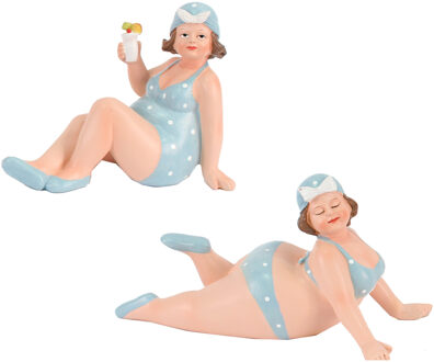 Gerkimex Woonkamer decoratie beeldjes set 2 dikke dames - blauw badpak - 17 cm - Beeldjes