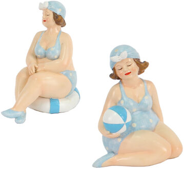 Gerkimex Woonkamer decoratie beeldjes set van 2 dikke dames - blauw badpak - 11 cm