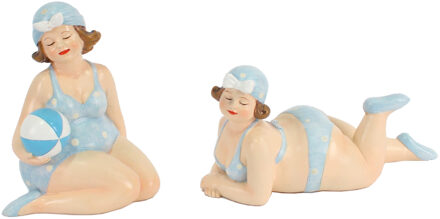 Gerkimex Woonkamer decoratie beeldjes set van 2 dikke dames - blauw badpak - 11 cm