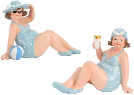 Gerkimex Woonkamer decoratie beeldjes set van 2 dikke dames - blauw badpak - 17 cm