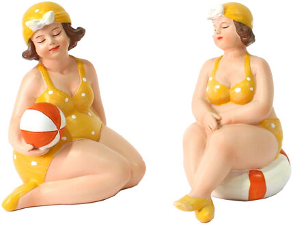 Gerkimex Woonkamer decoratie beeldjes set van 2 dikke dames - geel badpak - 11 cm - Beeldjes