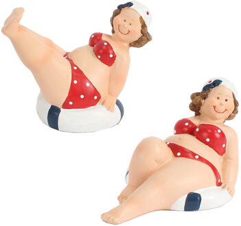 Gerkimex Woonkamer decoratie beeldjes set van 2 dikke dames - rood badpak - 10 cm - Beeldjes