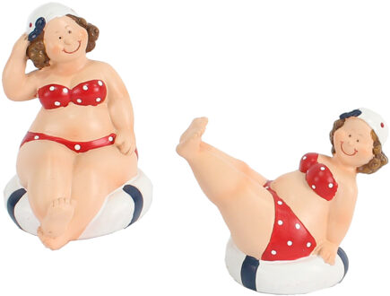 Gerkimex Woonkamer decoratie beeldjes set van 2 dikke dames - rood badpak - 10 cm