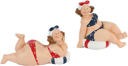 Gerkimex Woonkamer decoratie beeldjes set van 2 dikke dames - stippen badpak - 12 cm