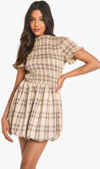 Geruite Gerimpelde Mini-Jurk Met Korte Mouwen En Puffmouwen, Brown - 36