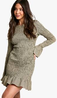 Geruite Gerimpelde Mini-Jurk Met Lange Mouwen, Khaki - 42