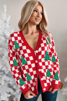Geruite Kerstboom Cardigan - maat M Rood