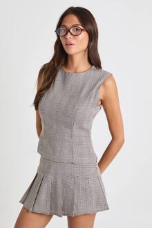 Geruite Print Geplooide Mini-Rok, Brown - 42