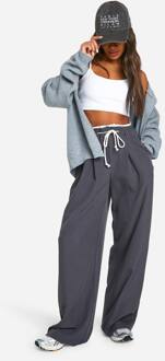 Gescheurde Zoom Dubbele Tailleband Wijde Pijpen Geweven Broek, Charcoal - 38