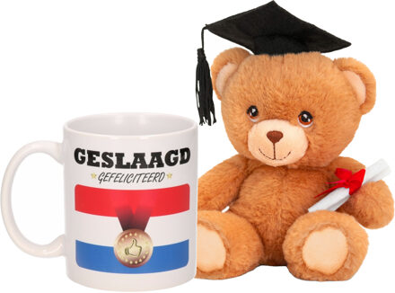 Geslaagd gefeliciteerd cadeau koffiemok - beker inclusief afstudeer cadeau knuffelbeer - met diploma Multi