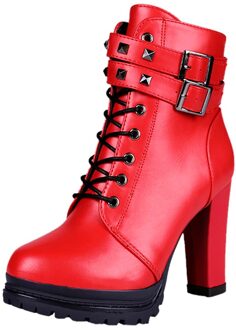 Gesp Laarzen Vrouwen Cool Klinknagels Suqare Hakken Rits Effen Kleur Korte Laarzen Toevallige Ronde Neus Dames Schoenen chaussures femme Rood / 39