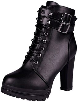 Gesp Laarzen Vrouwen Cool Klinknagels Suqare Hakken Rits Effen Kleur Korte Laarzen Toevallige Ronde Neus Dames Schoenen chaussures femme zwart / 38