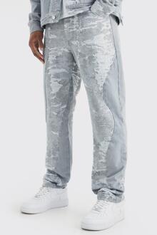 Gesplitste Jacquard En Denim Jeans Met Rechte Pijpen, Light Grey - 34R