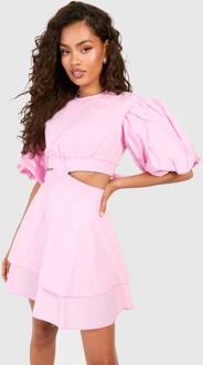 Gestoffeerde Mini-Jurk Met Pofmouwen, Pink - 38