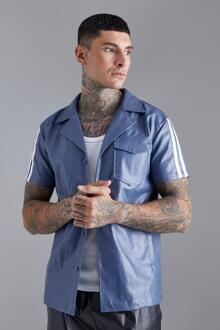 Gestreept Drop Overhemd Met Korte Mouwen En Revers Kraag, Blue - L