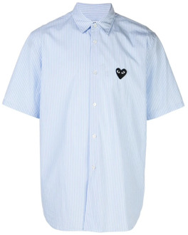 Gestreept korte mouwen shirt met zwart hart Comme des Garçons Play , Blue , Heren - 2Xl,Xl,M