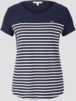 gestreept T-shirt printed stripe slub tee donkerblauw/wit - M