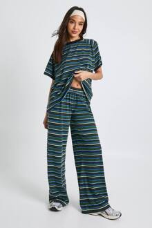 Gestreepte Broek Met Elastische Tailleband En Wijde Pijpen, Green - 34