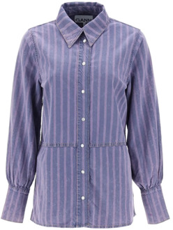 Gestreepte Denim Overhemd met Italiaanse Kraag Ganni , Purple , Dames