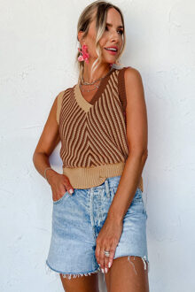 Gestreepte Gebreide V-hals Mouwloze Vest Bruin