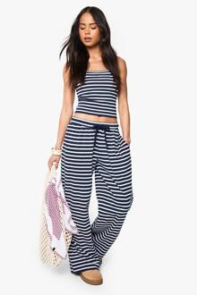 Gestreepte Geribbelde Broek Met Wijde Pijpen, Navy - 36