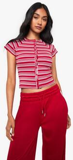 Gestreepte Geribde Top Met Korte Mouwen En Knoopsluiting, Red - 38