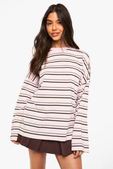 Gestreepte Katoenen Top Met Zak Aan De Voorkant En Lange Mouwen, Pink - 34