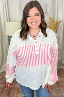 Gestreepte Knop T-shirt Wit