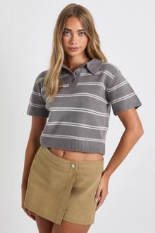 Gestreepte Kraag Oversized Gebreide Top, Grey - S